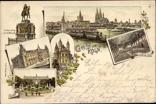 Litho Köln am Rhein, Denkmal Friedr. Wilhelm III., Hauptpost, Flora, Kirche