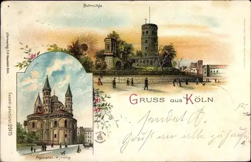 Litho Köln am Rhein, Bottmühle, Apostelkirche