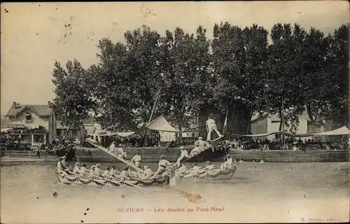 Ak Béziers Hérault, Les Joutes au Pont Neuf