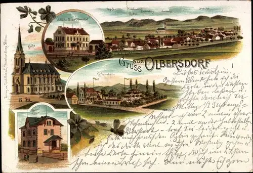 Litho Olbersdorf in Sachsen, Kirche, Totale, Schule, Kaltenstein