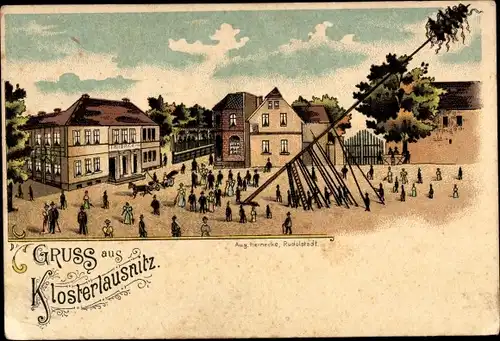 Litho Bad Klosterlausnitz in Thüringen, Maibaumsetzen, Ortsansicht