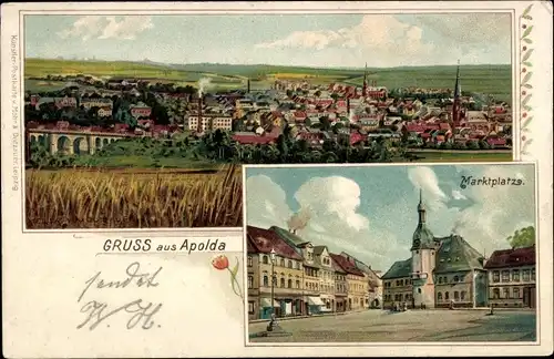 Litho Apolda in Thüringen, Gesamtansicht, Marktplatz