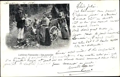 Ak Laitières Flamandes, une surprise, Milchfrauen, Hundekarren
