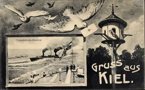 Passepartout Ak Kiel, Torpedoboots Manöver, Brieftauben, Deutsche Kriegsschiffe