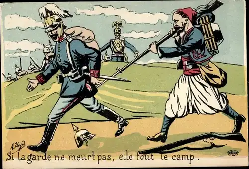 Ak Französischer Soldat treibt deutschen Soldaten vor sich her, Karikatur, Wilhelm II, Zuave