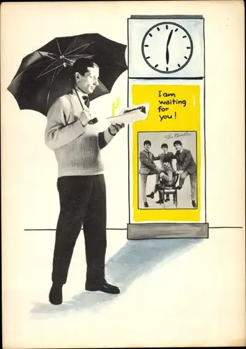 Ak Musikgruppe The Beatles, Plakat, Mann mit Regenschirm