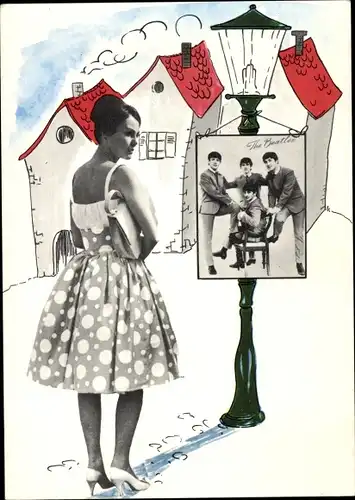 Ak Musikgruppe the Beatles, Plakat, Frau in gepunktetem Kleid