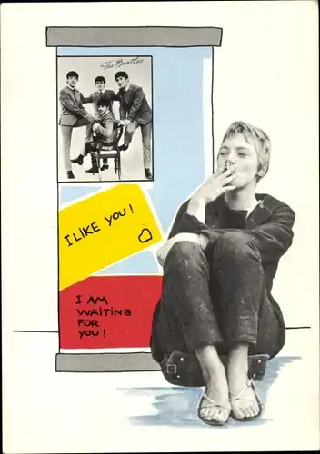 Ak Musikgruppe the Beatles, Plakat, Frau mit Zigarette