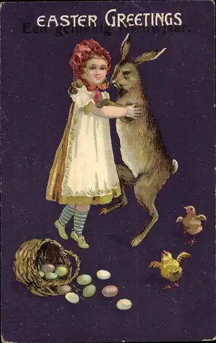 Präge Litho Glückwunsch Ostern, Mädchen tanzt mit Hase, Küken, Ostereier