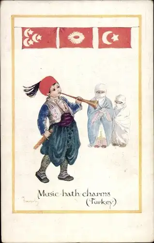 Künstler Ak Sowerby, Musik hath charms, Turkey, Türkei, Tracht, Landesflagge