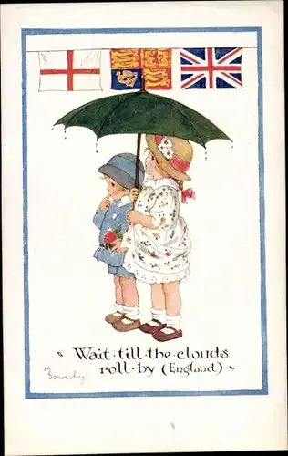 Künstler Ak Sowerby, Wait till the clouds roll by, England, Trachten, Landesflagge