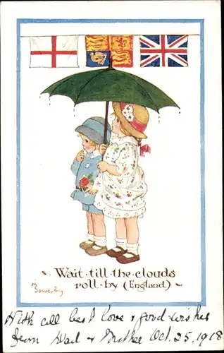 Künstler Ak Sowerby, Wait till the clouds roll by, England, Trachten, Landesflagge