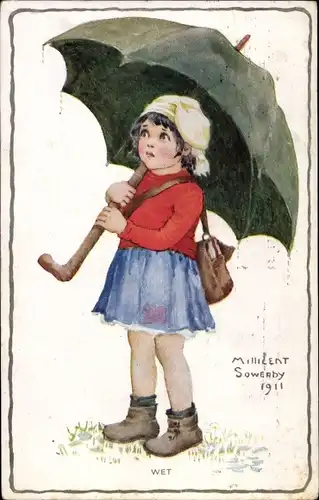 Künstler Ak Sowerby, M., Wet, Mädchen mit Regenschirm