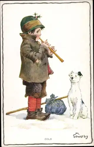 Künstler Ak Sowerby, M., Cold, Armer Junge mit Flöte und Hund im Schnee
