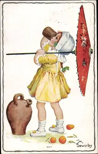 Künstler Ak Sowerby, M., Dry, Mädchen mit Sonnenschirm trinkt