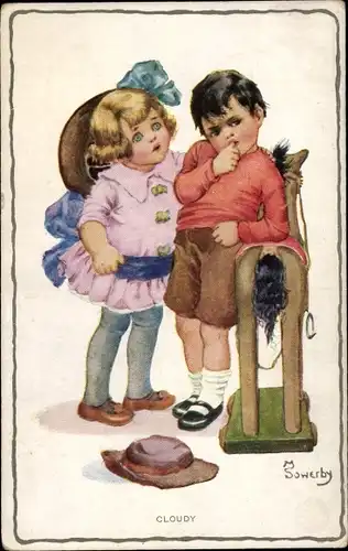 Künstler Ak Sowerby, M., Cloudy, Junge und Mädchen mit Spielzeugpferd auf Rollen