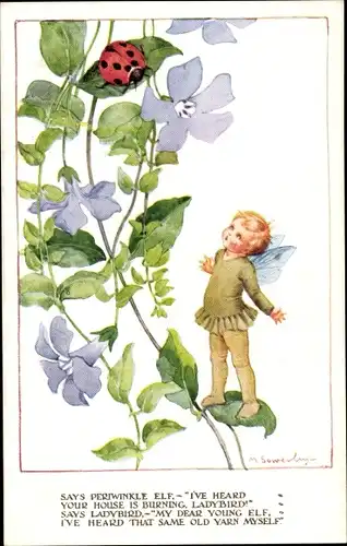Künstler Ak Sowerby, M., Says Periwinkle Elf, Marienkäfer