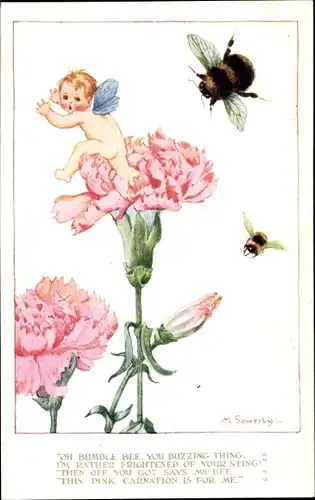 Künstler Ak Sowerby, M., Elfe flüchtet vor einer Hummel, Nelken