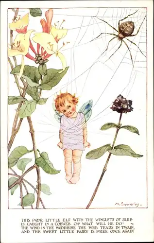 Künstler Ak Sowerby, M., Elfe ist in einem Spinnennetz gefangen