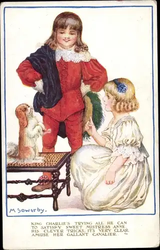 Künstler Ak Sowerby, M., King Charlie's trying all he can, Kinder mit Hund
