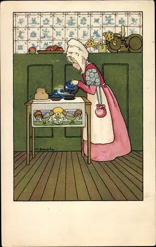 Künstler Ak Sowerby, M., Köchin bereitet Tee zu