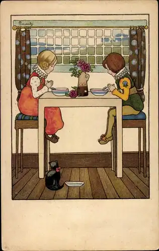 Künstler Ak Sowerby, Junge und Mädchen am Esstisch, Katze