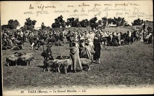 Ak Taza Marokko, Le Grand Marché, Markt, Viehmarkt, Händler mit Schafen, Pferde