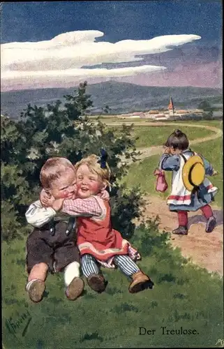 Künstler Ak Feiertag, K., Der Treulose, Liebespaar, Weinendes Mädchen