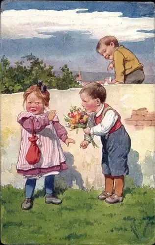 Künstler Ak Feiertag, K., Liebespaar, Junge mit Blumenstrauß, Geschenk