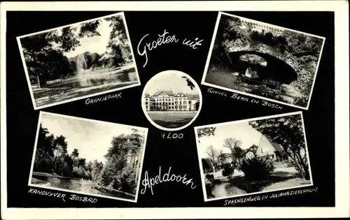 Ak Apeldoorn Gelderland, Oranjepark, Tunnel Berg en Bosch, Kanovyver Bosbad, Sprengenweg