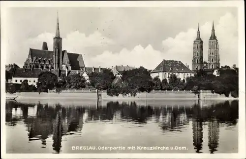 Ak Wrocław Breslau Schlesien, Oderpartie m. Kreuzkirche u. Dom