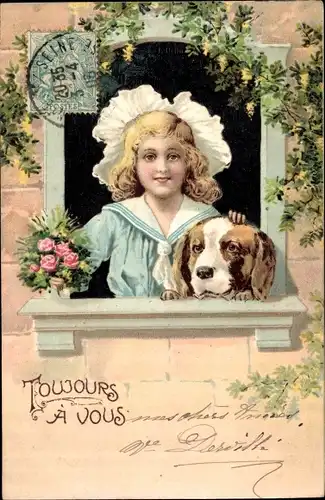 Präge Litho Toujours a vous, Mädchen mit Bernhardiner, Hund