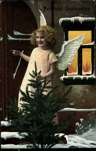 Ak Glückwunsch Weihnachten, Engel mit Tannenbaum an einer Haustür