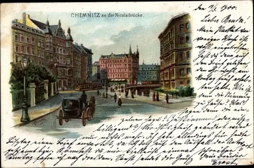 Litho Chemnitz in Sachsen, An der Nicolaibrücke, Kutsche