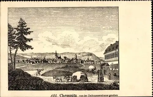 Ak Chemnitz in Sachsen, Panorama von der Zschopauerstraße gesehen, Kutsche, Kirchturm
