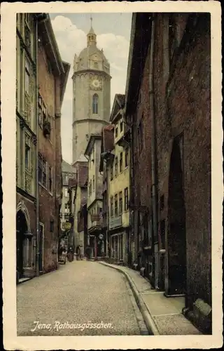 Ak Jena in Thüringen, Rathausgässchen mit Blick zum Uhrenturm, Geschäfte