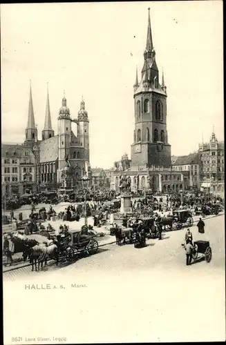 Ak Halle Saale, Markt, Pferdekutschen, Kirche, Turm