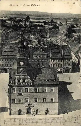 Ak Pirna an der Elbe, Rathaus, Luftaufnahme, Turmuhr