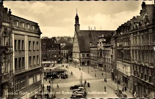 Ak Zwickau in Sachsen, Hauptmarkt mit Rathaus und Stadttheater