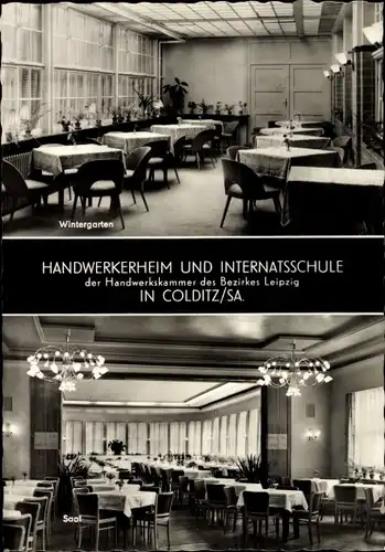 Ak Colditz in Sachsen, Handwerkerheim und Internatsschule Waldhaus, Wintergarten, Saal