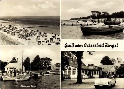 Ak Ostseebad Zingst, Hafen am Strom, Strandpartie, Strandkörbe, Boot