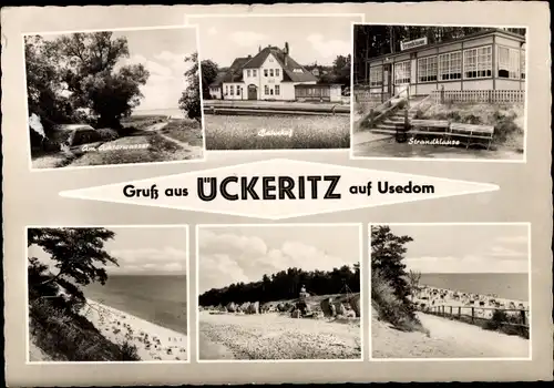 Ak Ostseebad Ückeritz auf Usedom, Strandklause, Bahnhof, Strandpartien, Am Achterwasser