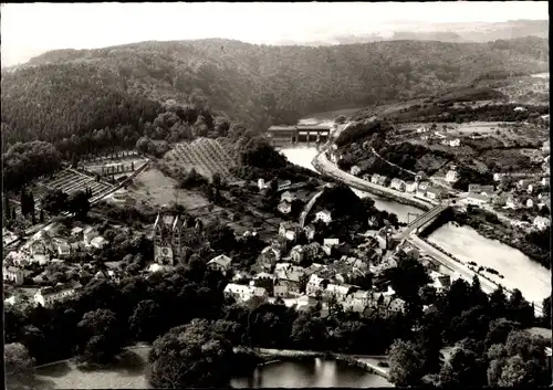Ak Mettlach im Saarland, Panorama, Kirche, Brücke