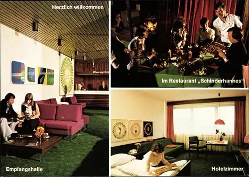 Ak Idar Oberstein an der Nahe, Merian Hotel, Empfangshalle, Hotelzimmer, Restaurant Schinderhannes