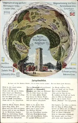 Litho Grünhain Beierfeld im Erzgebirge Sachsen, König Albert Turm, Spiegelwald, Spiegelwaldlied