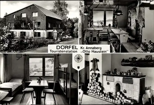 Ak Dörfel Kr. Annaberg Schlettau im Erzgebirge, Touristenstation Otto Haustein, Speiseraum, Kamin