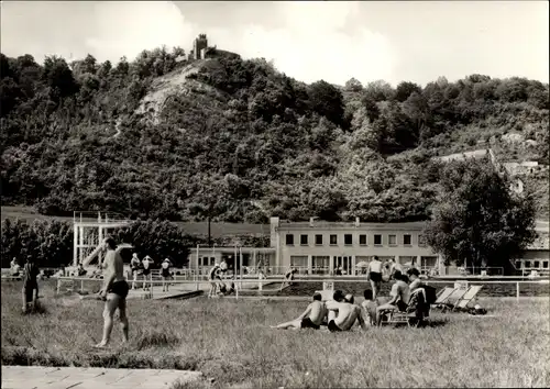 Ak Bad Sulza in Thüringen, Soleschwimmbad, Badecafe und Sonnenburg