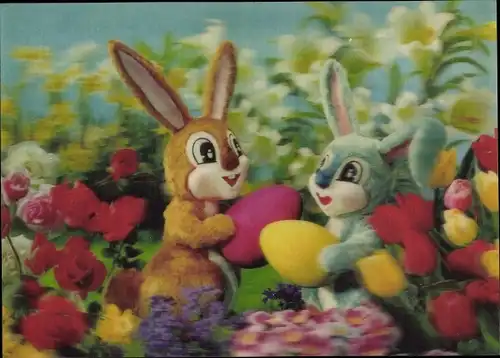 3 D Ak Glückwunsch Ostern, Osterhasen, Eier, Blumen