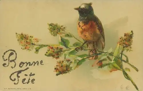 Künstler Ak Bonne Fete, Vogel auf Zweig sitzend