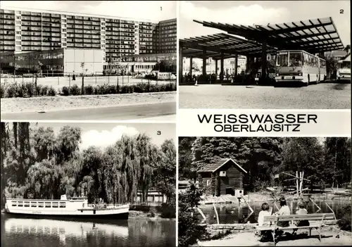Ak Weißwasser in der Oberlausitz, Wohnkomplex am Wasserturm, Busbahnhof, Schiffbar, Jahnsteich